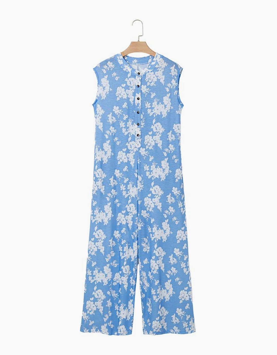 Myosotis Floral Print Half Button Wide Leg Relaxed Sleeveless Jumpsuit