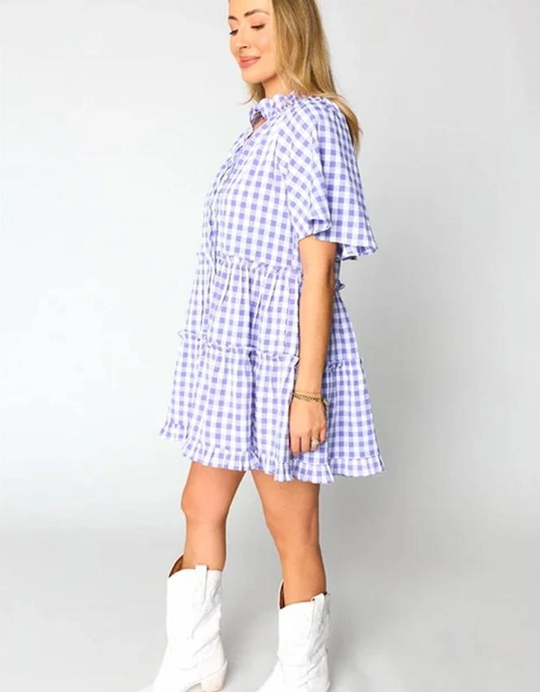 Lavendula Plaid Ruffle Wide Short Sleeve Babydoll Mini Dress