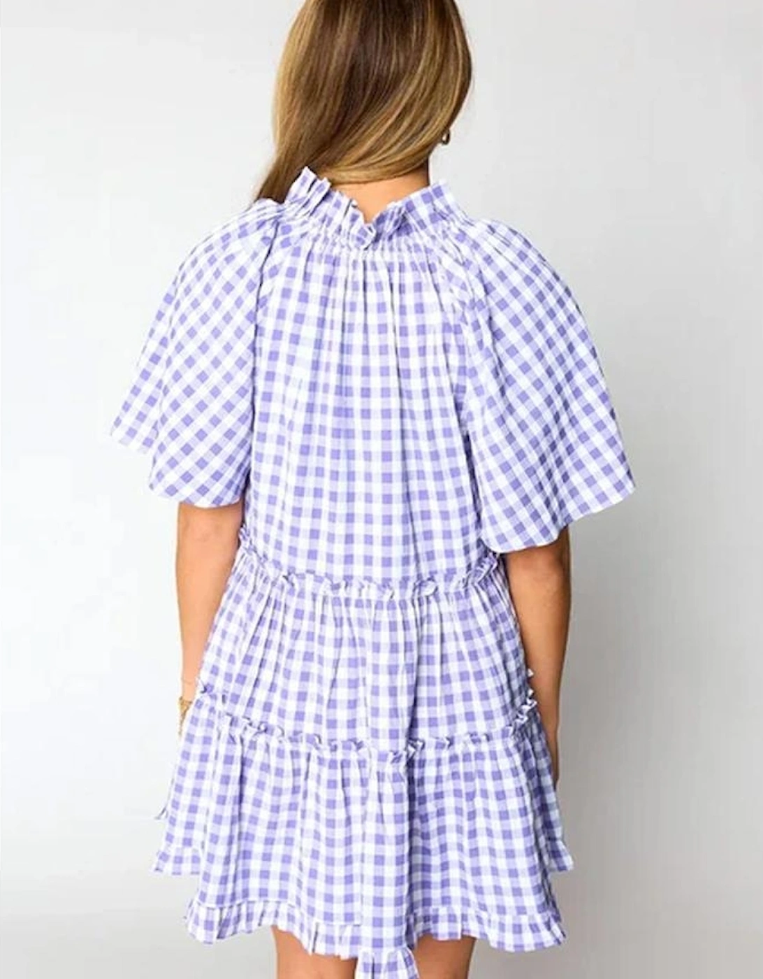 Lavendula Plaid Ruffle Wide Short Sleeve Babydoll Mini Dress