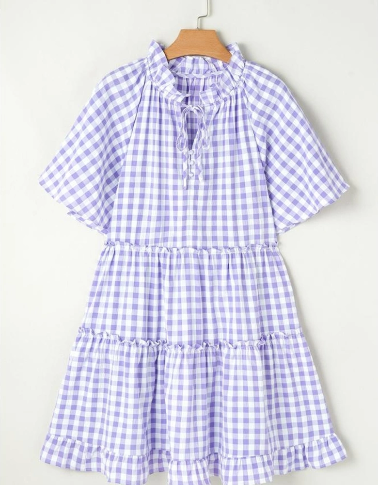 Lavendula Plaid Ruffle Wide Short Sleeve Babydoll Mini Dress
