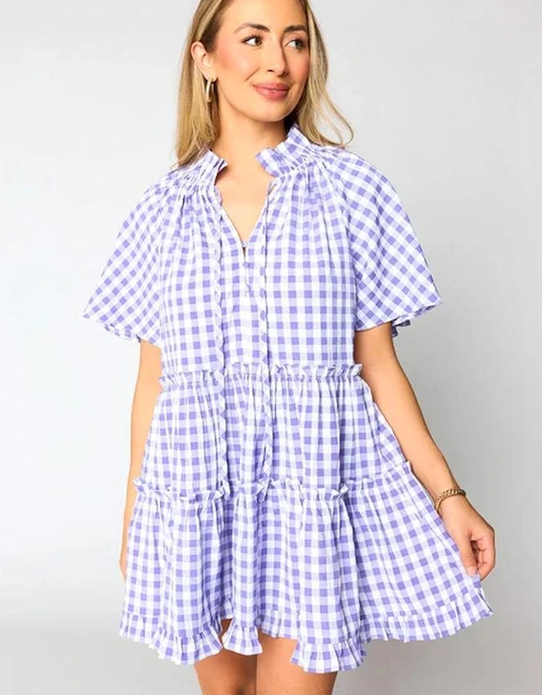 Lavendula Plaid Ruffle Wide Short Sleeve Babydoll Mini Dress