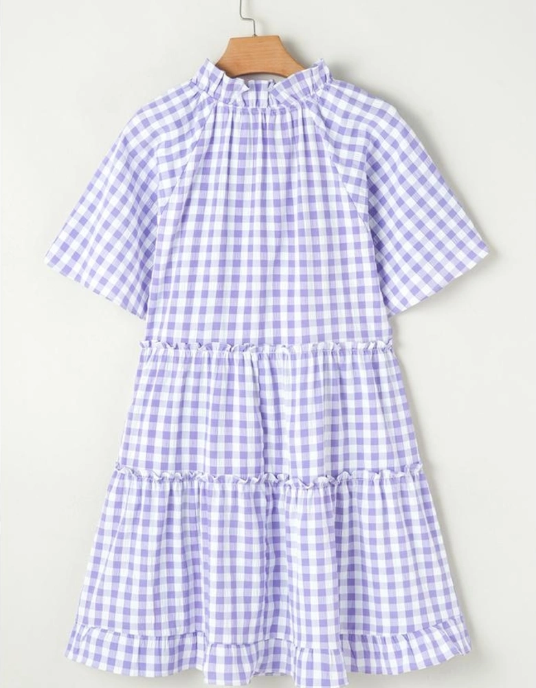 Lavendula Plaid Ruffle Wide Short Sleeve Babydoll Mini Dress