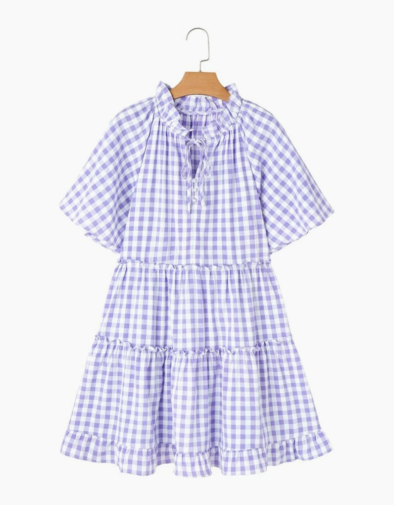 Lavendula Plaid Ruffle Wide Short Sleeve Babydoll Mini Dress