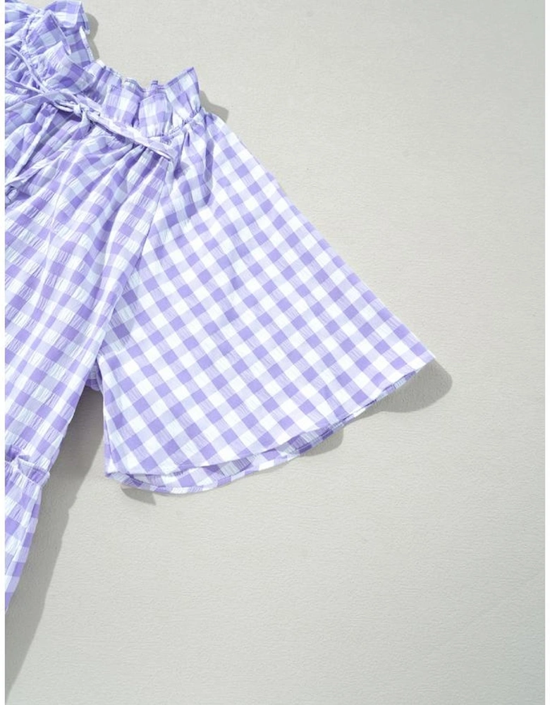 Lavendula Plaid Ruffle Wide Short Sleeve Babydoll Mini Dress