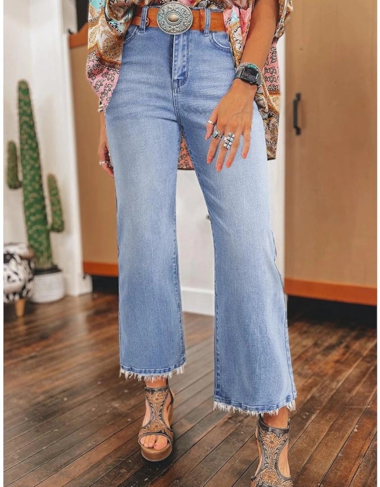 Beau Blue Mineral Wash Raw Hem High Waist Flared Jeans