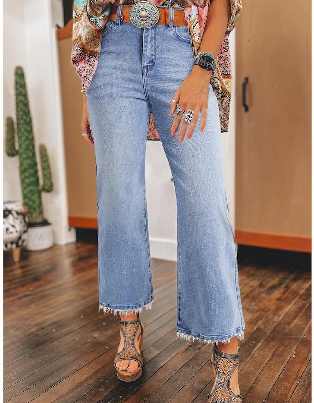 Beau Blue Mineral Wash Raw Hem High Waist Flared Jeans