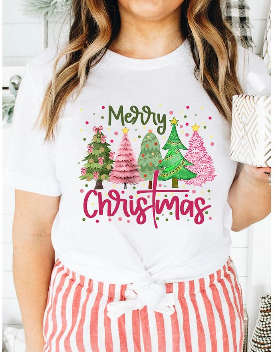White Merry Christmas Holiday Vibe Graphic Crewneck T Shirt
