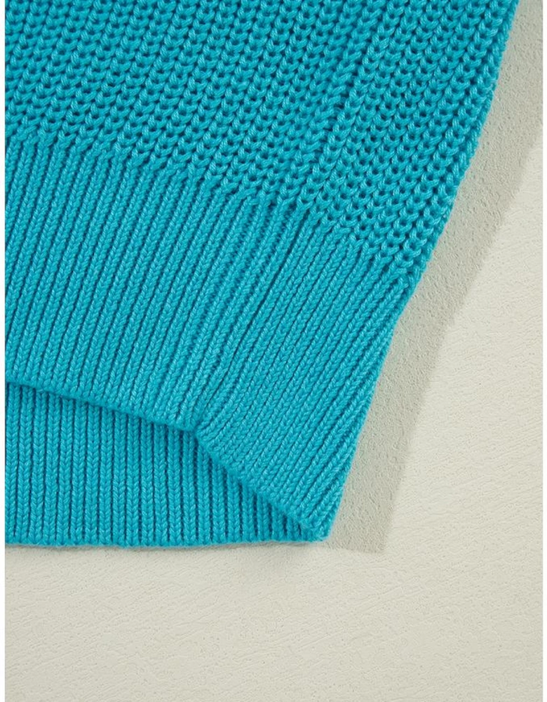 Turquoise Ruffled Eyelet Bubble Sleeve Sweater