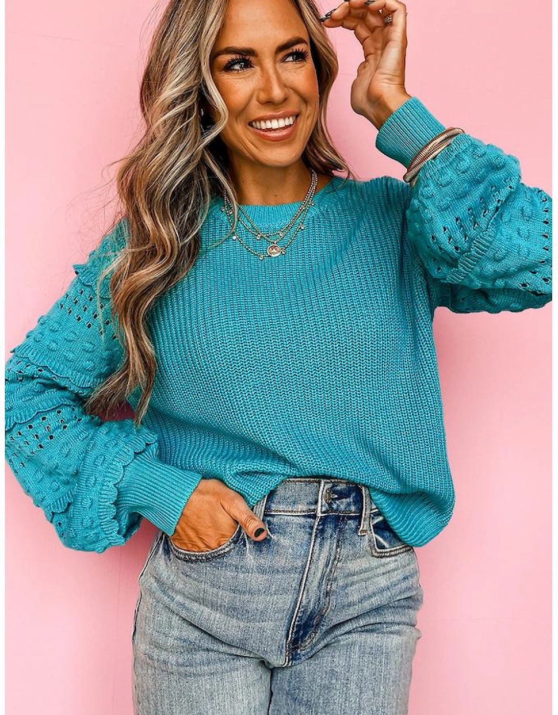 Turquoise Ruffled Eyelet Bubble Sleeve Sweater