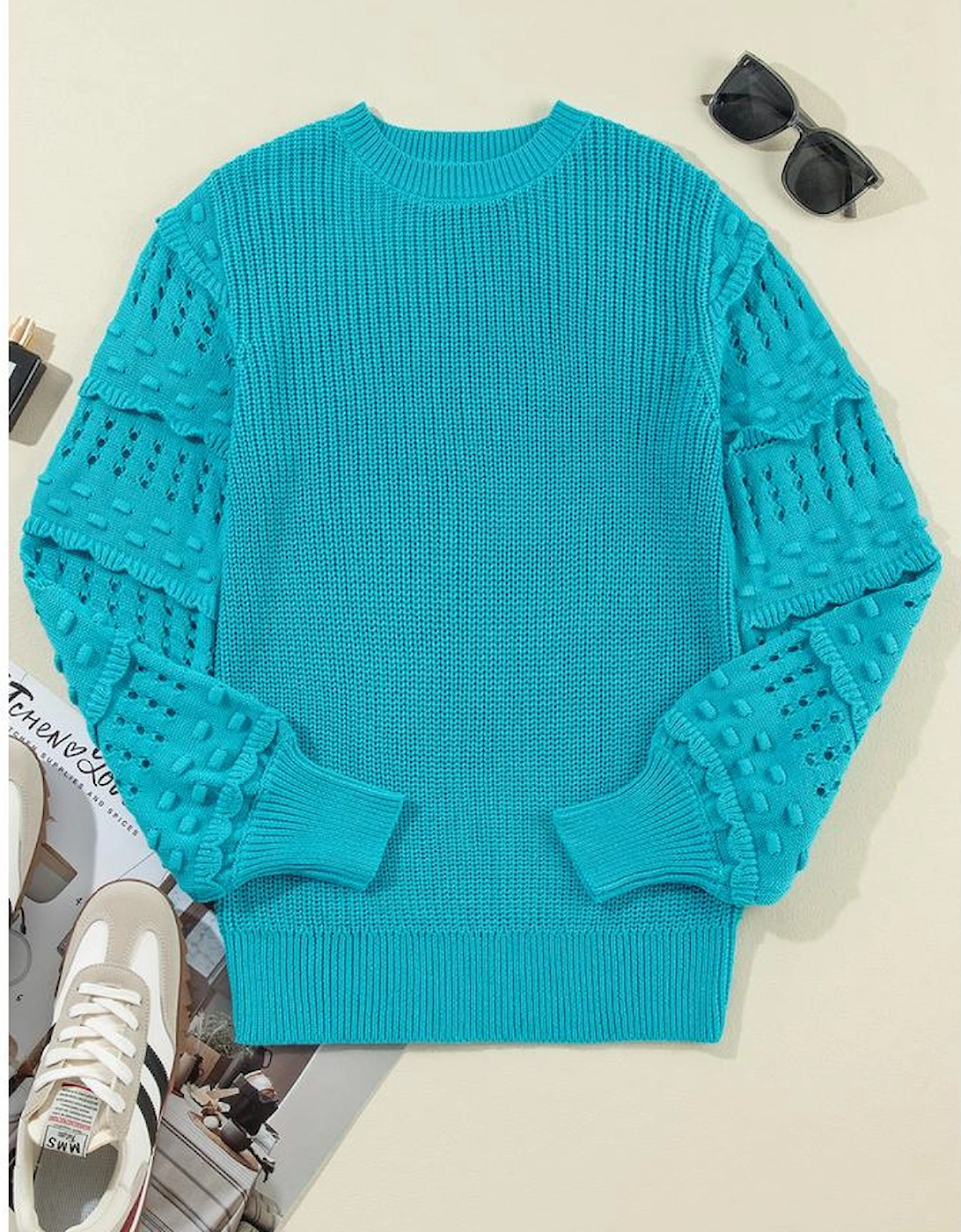 Turquoise Ruffled Eyelet Bubble Sleeve Sweater