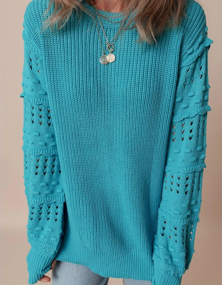 Turquoise Ruffled Eyelet Bubble Sleeve Sweater