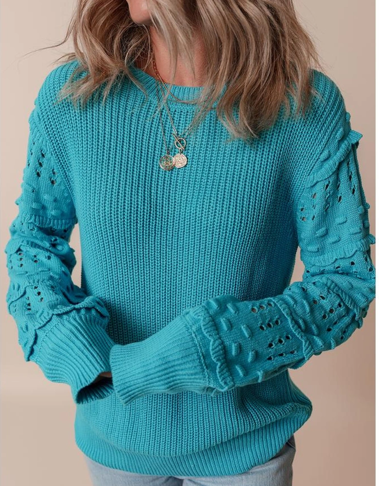 Turquoise Ruffled Eyelet Bubble Sleeve Sweater