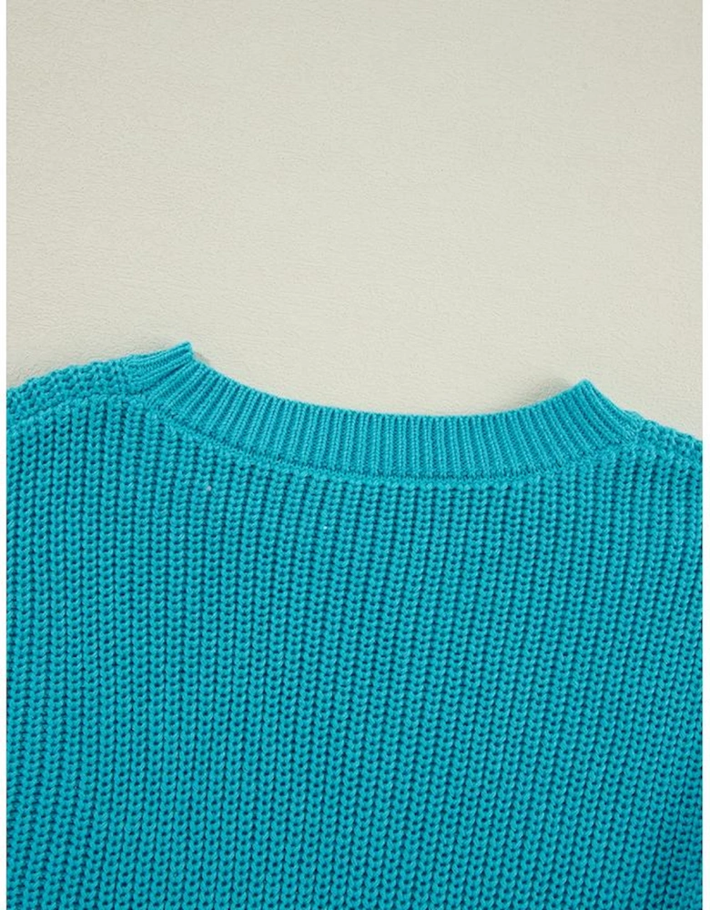 Turquoise Ruffled Eyelet Bubble Sleeve Sweater