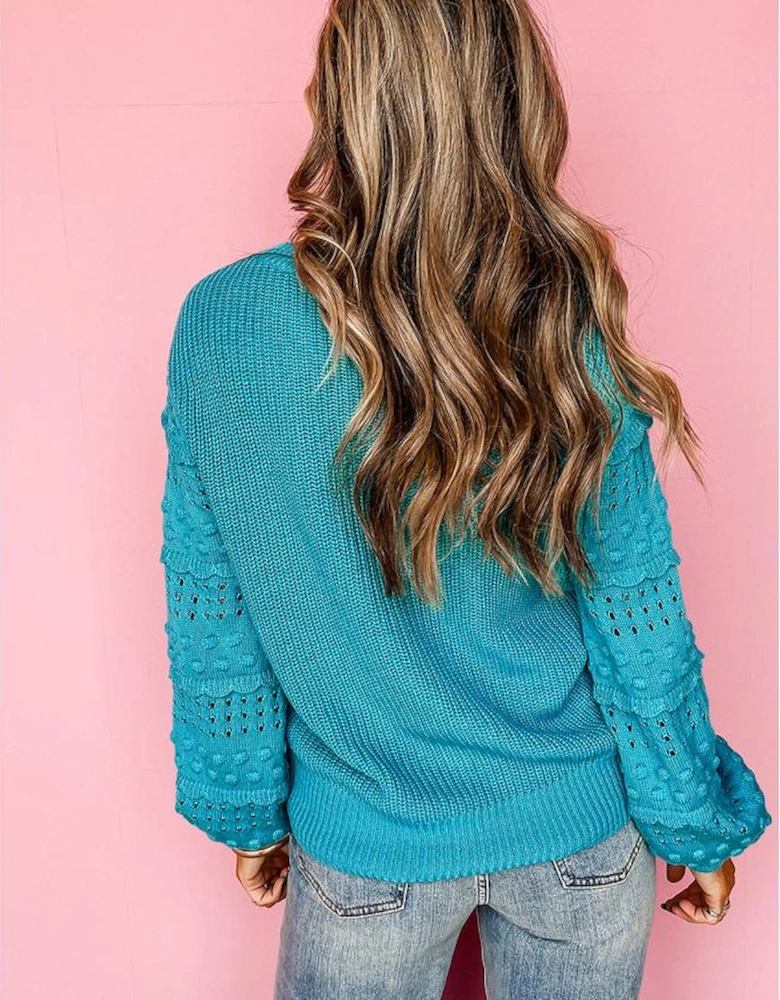 Turquoise Ruffled Eyelet Bubble Sleeve Sweater