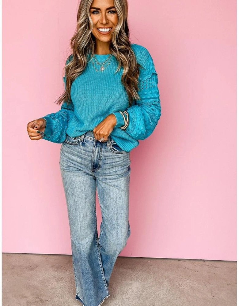 Turquoise Ruffled Eyelet Bubble Sleeve Sweater