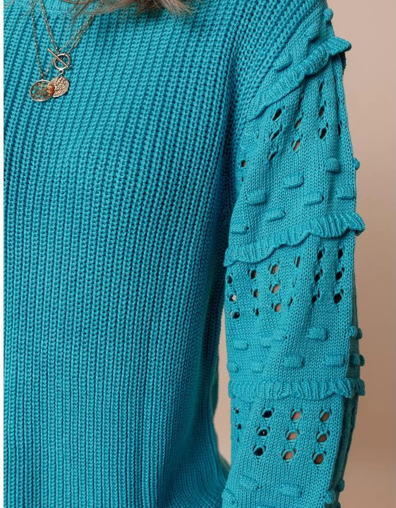 Turquoise Ruffled Eyelet Bubble Sleeve Sweater