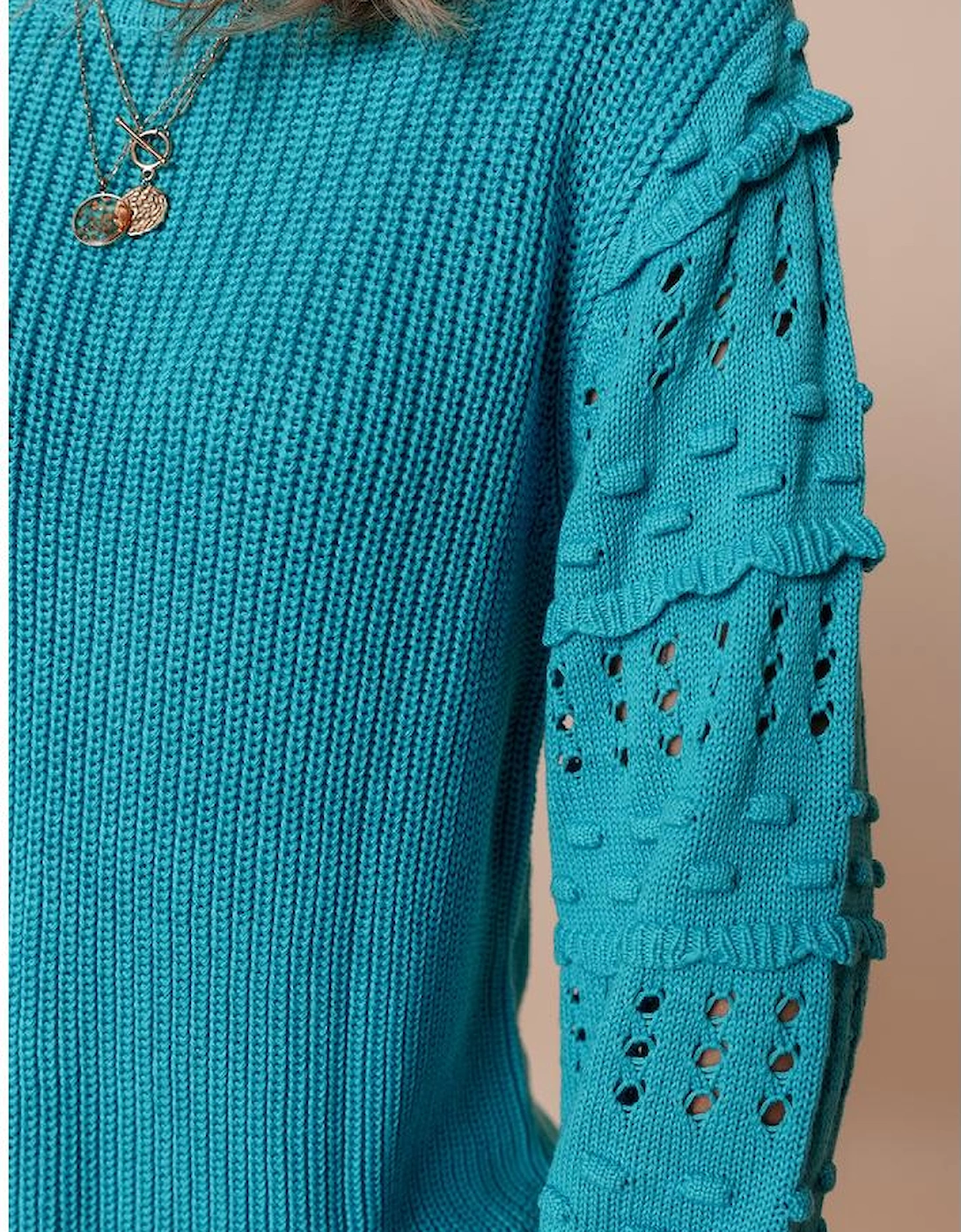Turquoise Ruffled Eyelet Bubble Sleeve Sweater