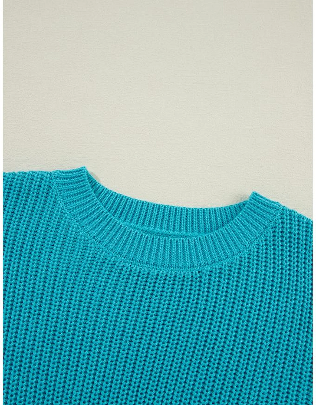 Turquoise Ruffled Eyelet Bubble Sleeve Sweater