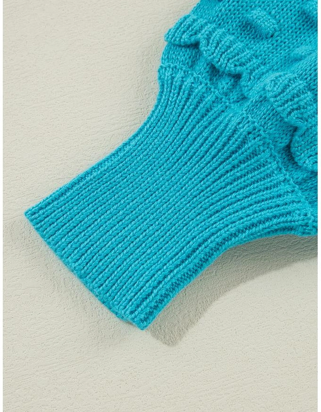 Turquoise Ruffled Eyelet Bubble Sleeve Sweater