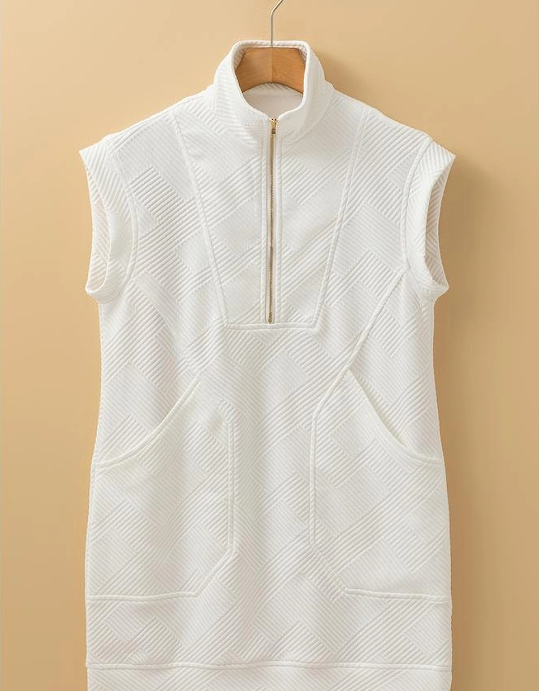 White Textured Half Zip Collared Cap Sleeve Mini Dress