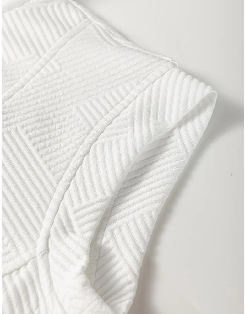 White Textured Half Zip Collared Cap Sleeve Mini Dress