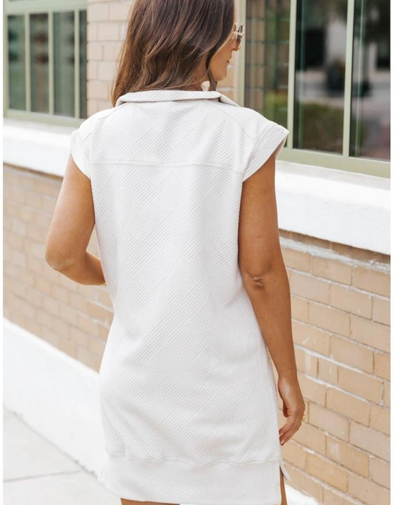 White Textured Half Zip Collared Cap Sleeve Mini Dress