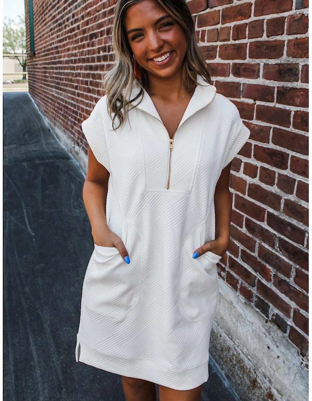 White Textured Half Zip Collared Cap Sleeve Mini Dress