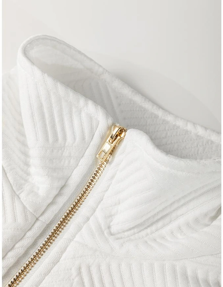 White Textured Half Zip Collared Cap Sleeve Mini Dress