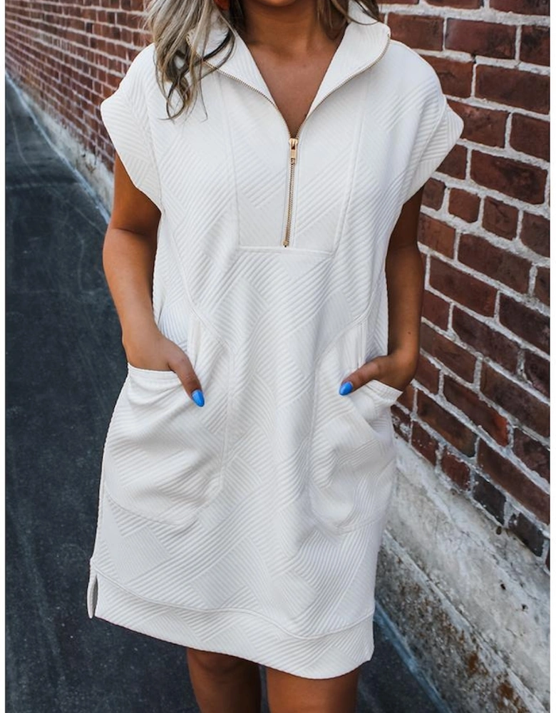 White Textured Half Zip Collared Cap Sleeve Mini Dress
