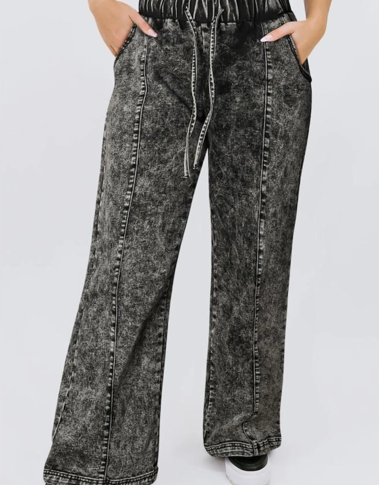 Black Plus Size Tie Dye Drawstring Splicing Wide Leg Jeans
