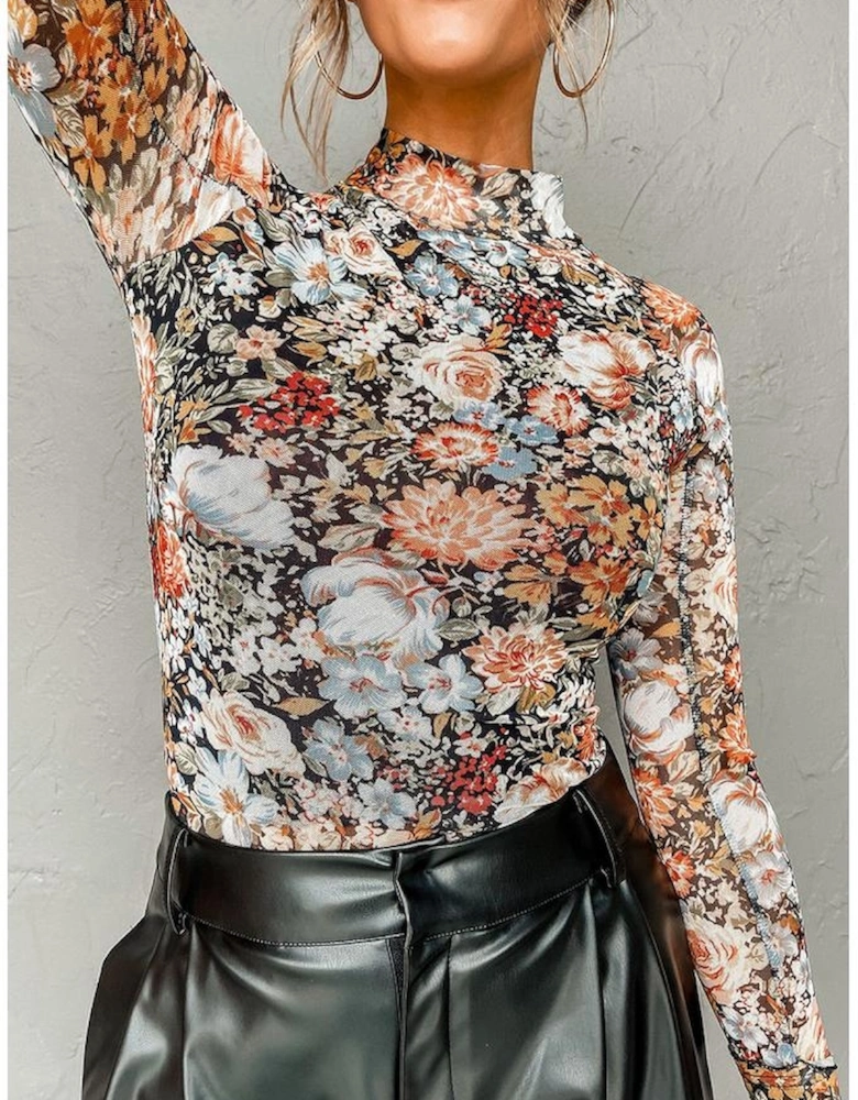 Brown Floral Long Sleeve High Neck Sheath Mesh Blouse