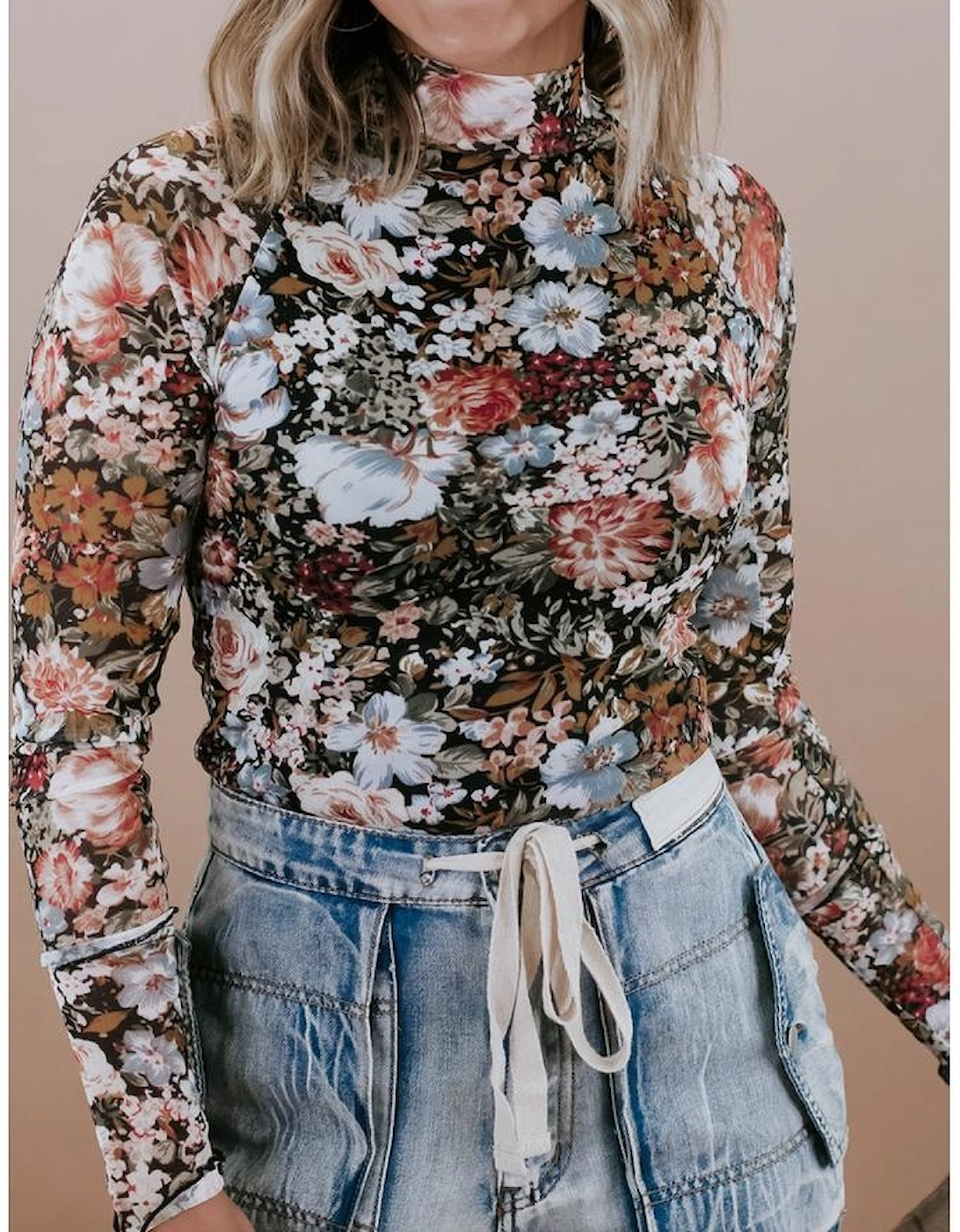 Brown Floral Long Sleeve High Neck Sheath Mesh Blouse