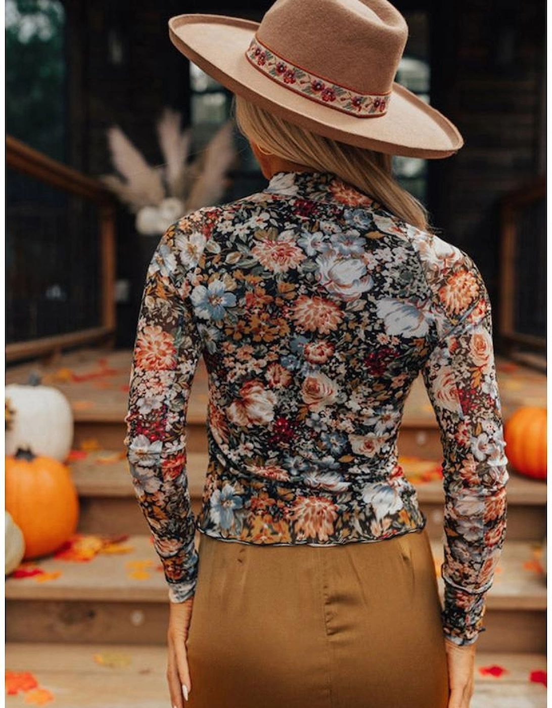 Brown Floral Long Sleeve High Neck Sheath Mesh Blouse