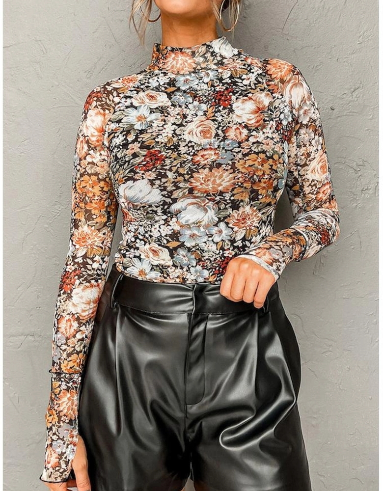 Brown Floral Long Sleeve High Neck Sheath Mesh Blouse