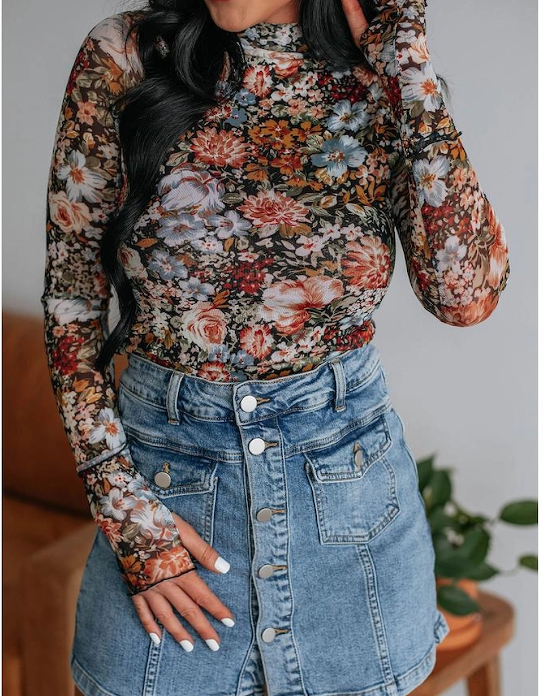 Brown Floral Long Sleeve High Neck Sheath Mesh Blouse