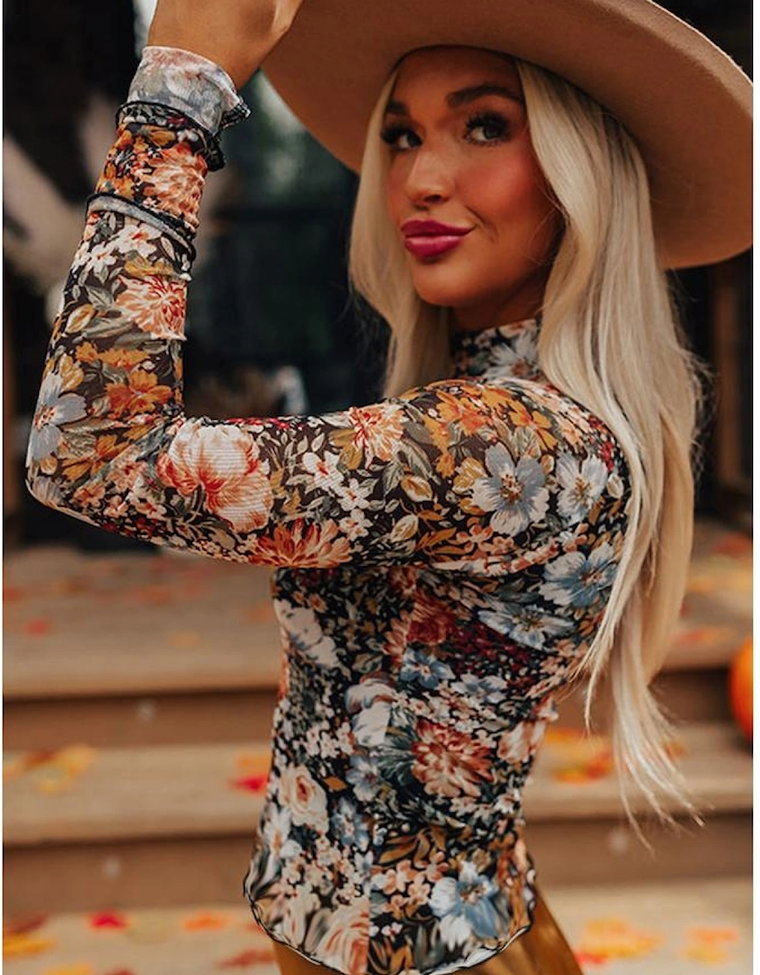 Brown Floral Long Sleeve High Neck Sheath Mesh Blouse