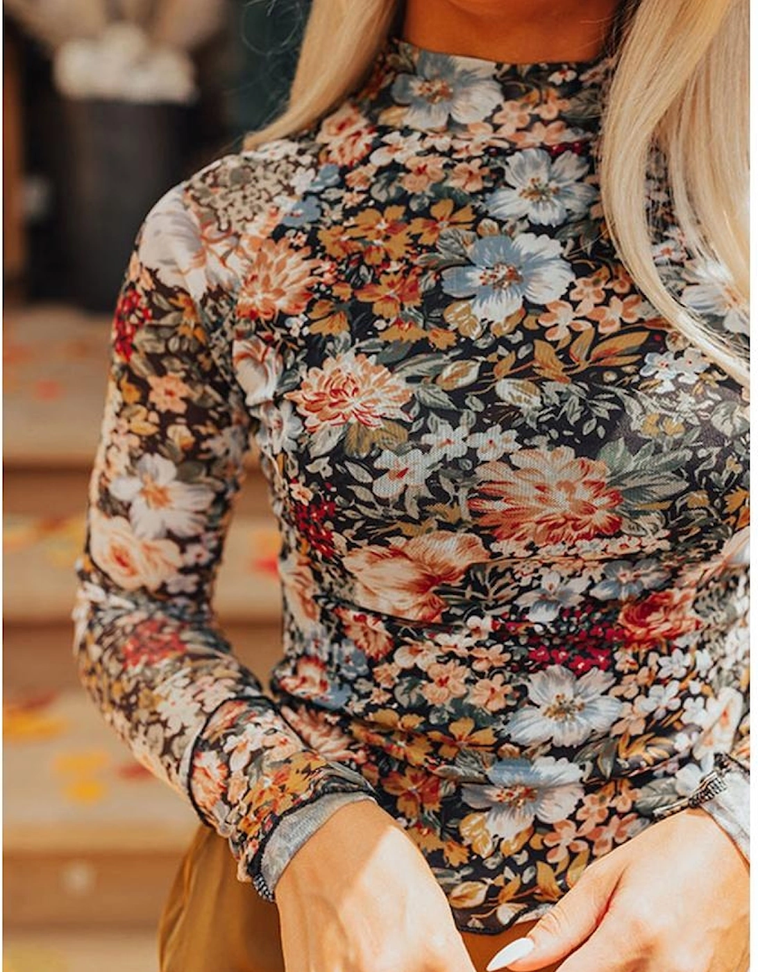 Brown Floral Long Sleeve High Neck Sheath Mesh Blouse