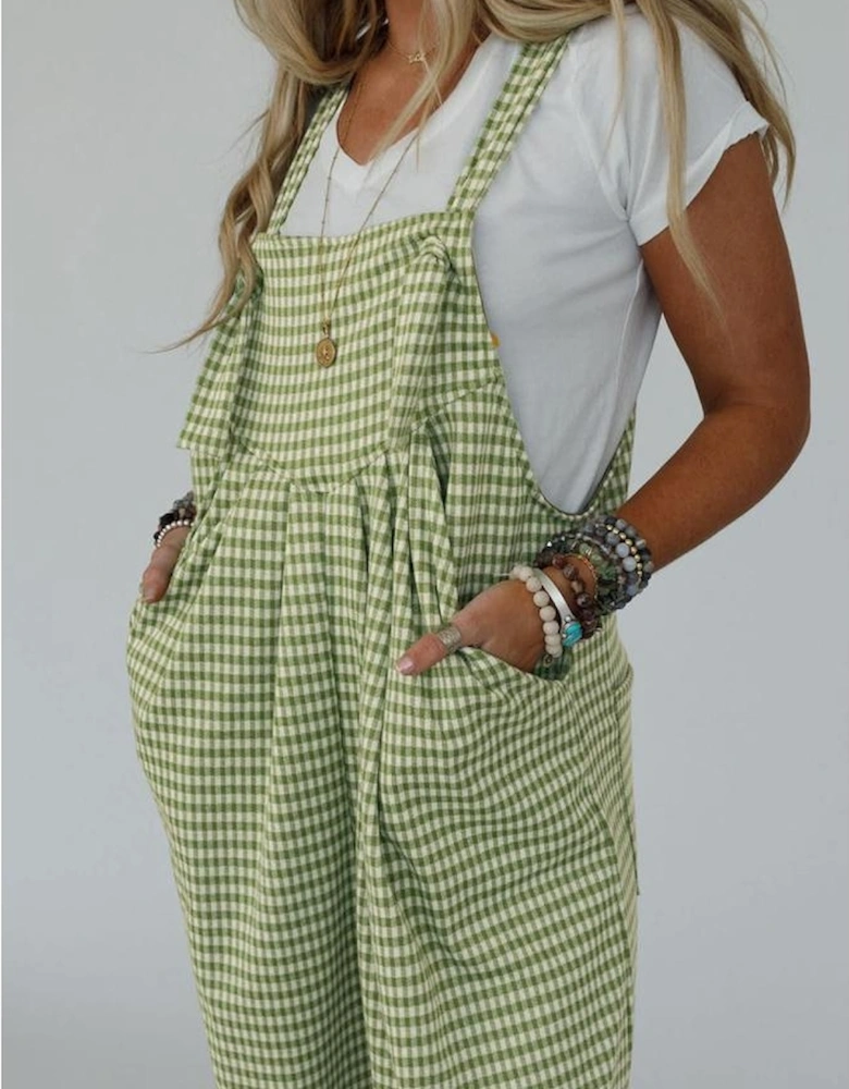 Green Gingham Wide Leg Loose Overall with Pockets