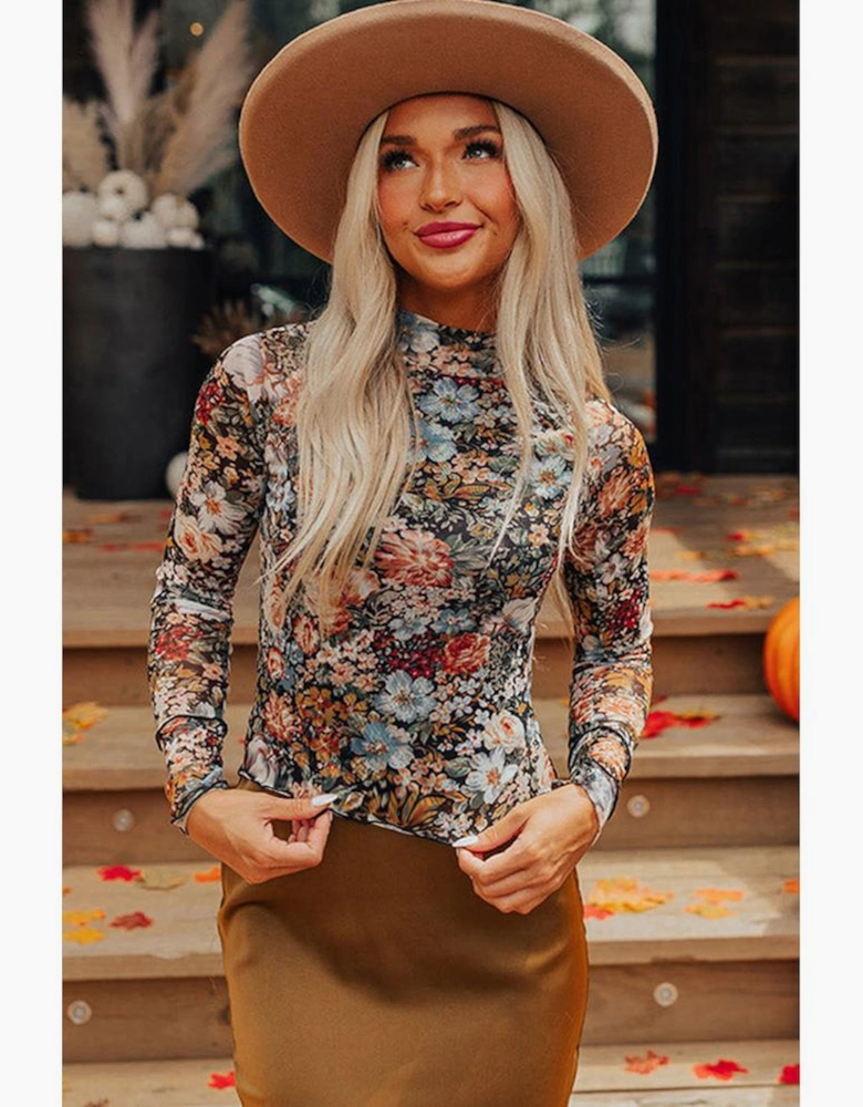 Brown Floral Long Sleeve High Neck Sheath Mesh Blouse