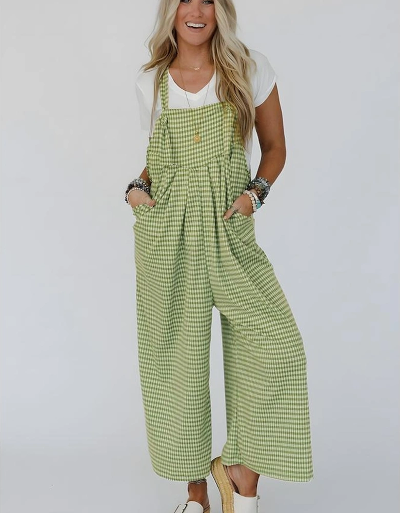 Green Gingham Wide Leg Loose Overall with Pockets