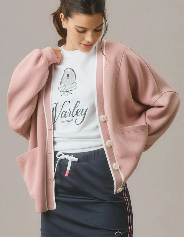 Pink Stripe Contrast Trim V Neck Buttoned Front Pocketed Knit Cardigan