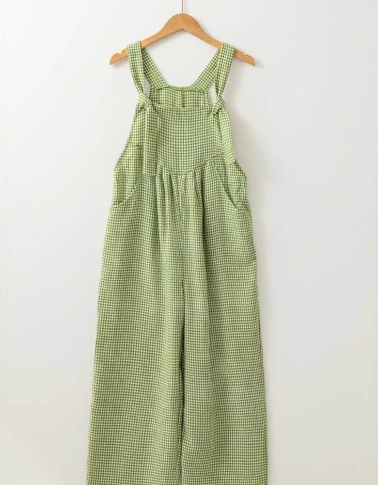 Green Gingham Wide Leg Loose Overall with Pockets