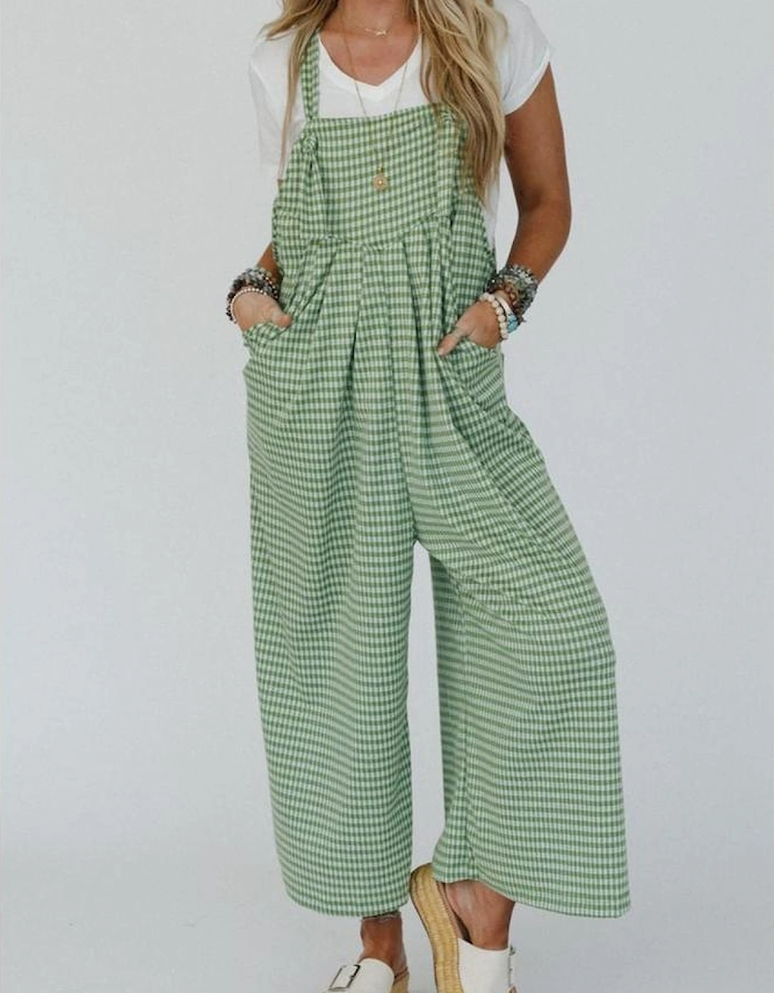 Green Gingham Wide Leg Loose Overall with Pockets