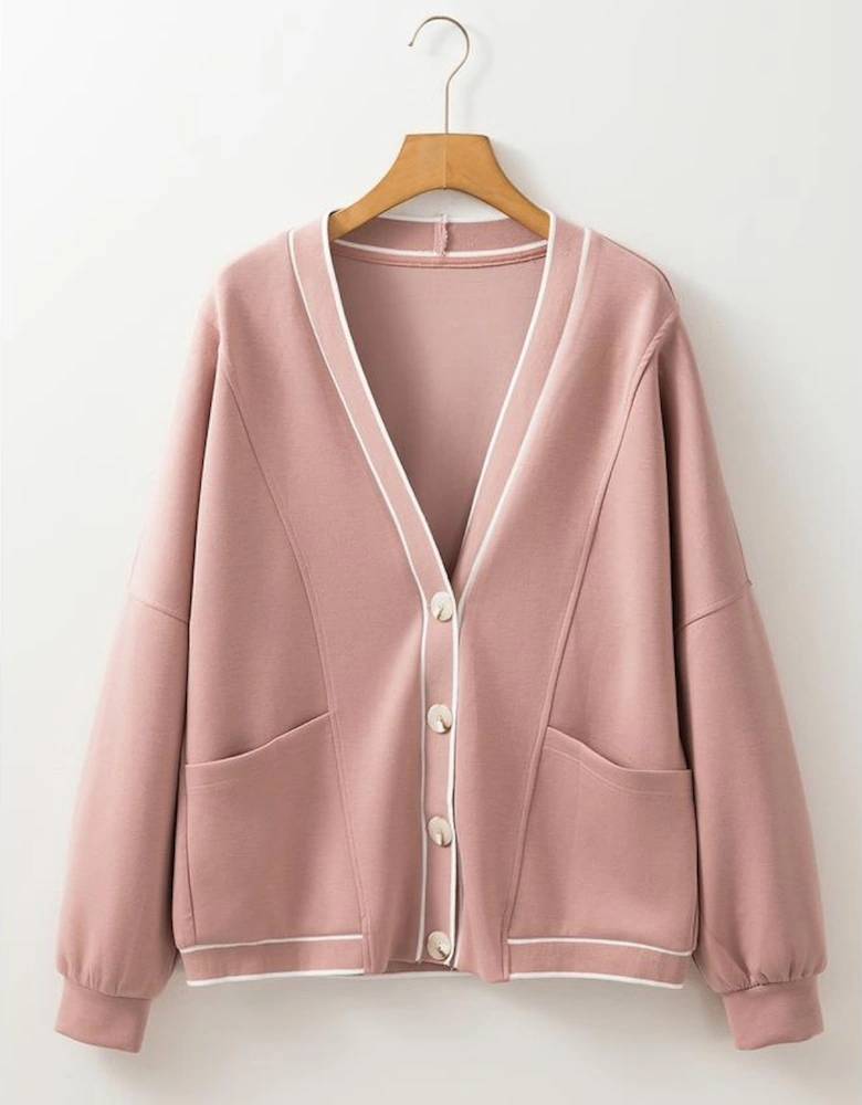 Pink Stripe Contrast Trim V Neck Buttoned Front Pocketed Knit Cardigan