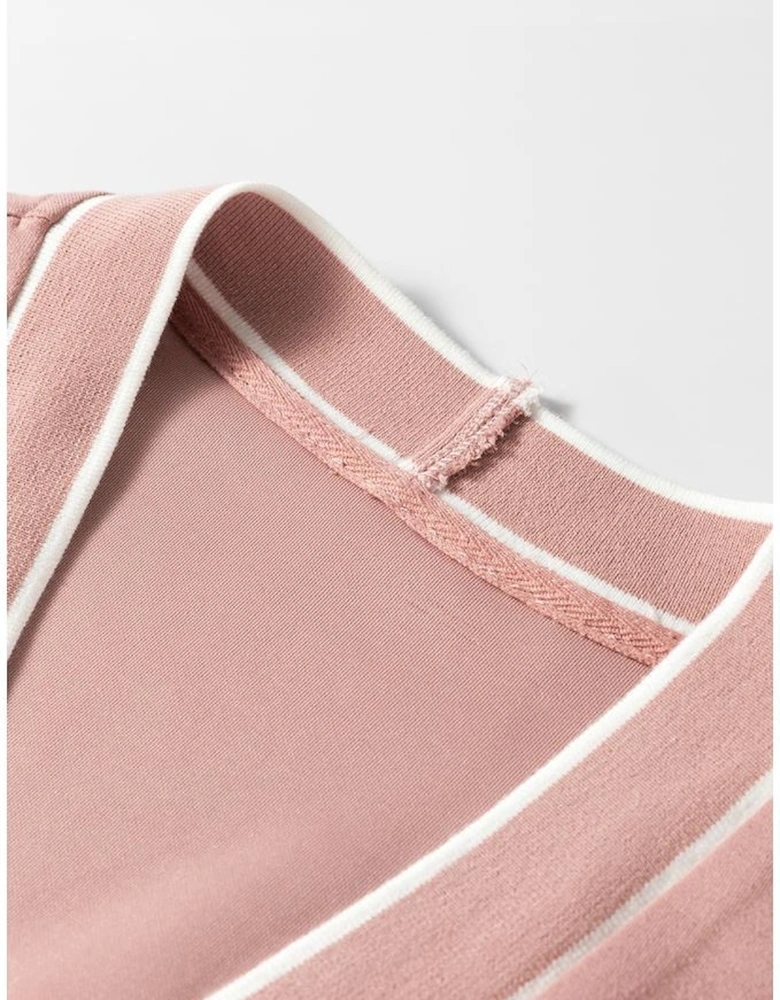 Pink Stripe Contrast Trim V Neck Buttoned Front Pocketed Knit Cardigan