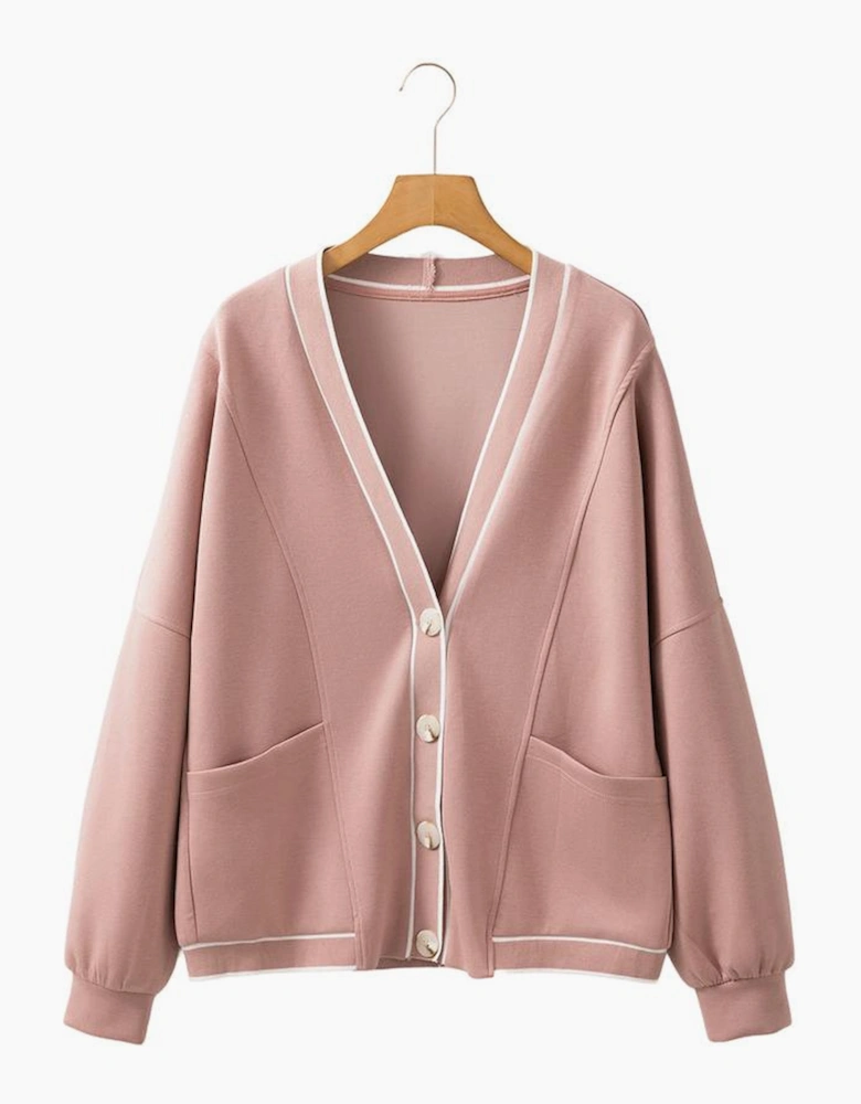 Pink Stripe Contrast Trim V Neck Buttoned Front Pocketed Knit Cardigan