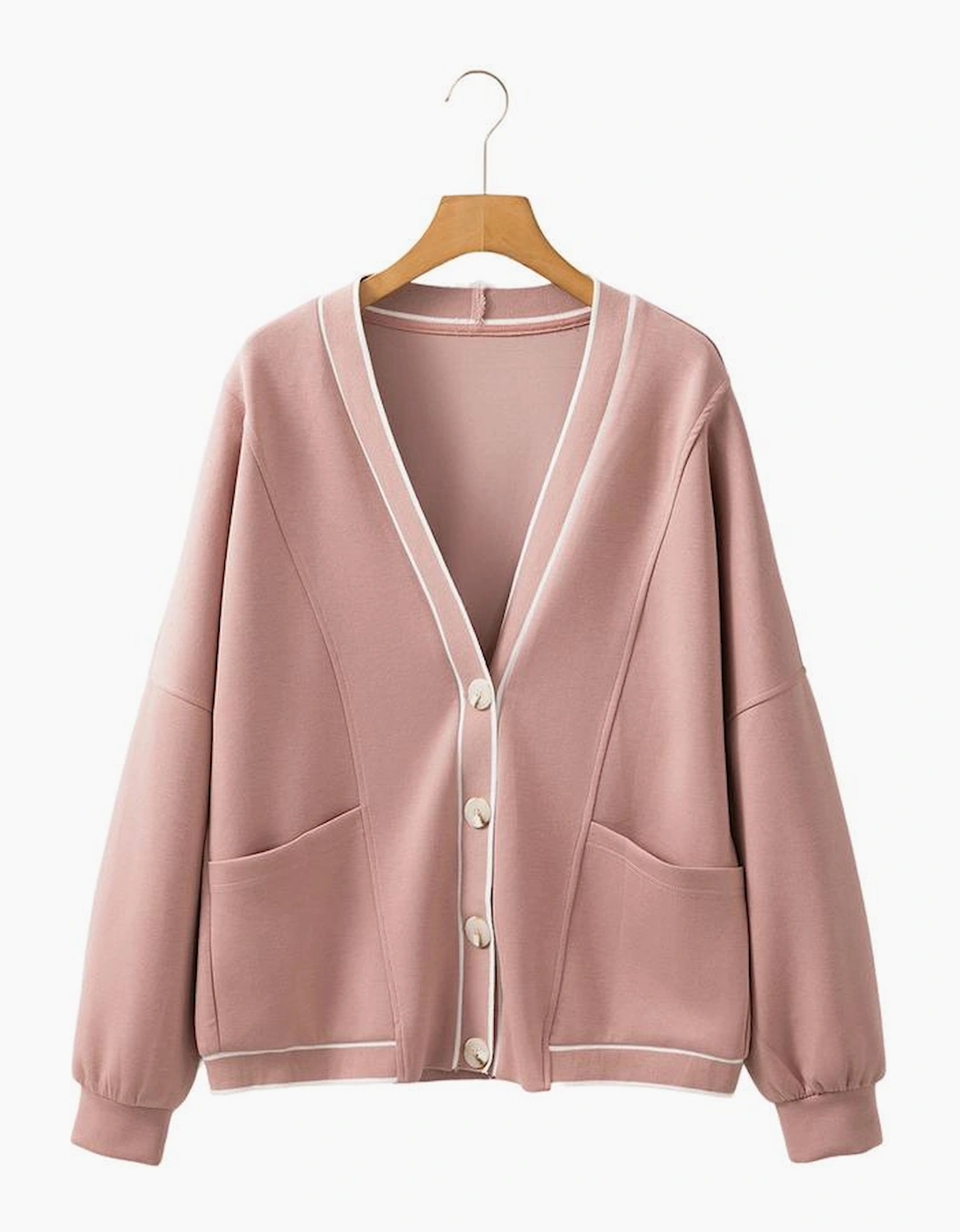 Pink Stripe Contrast Trim V Neck Buttoned Front Pocketed Knit Cardigan