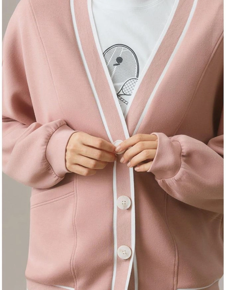 Pink Stripe Contrast Trim V Neck Buttoned Front Pocketed Knit Cardigan