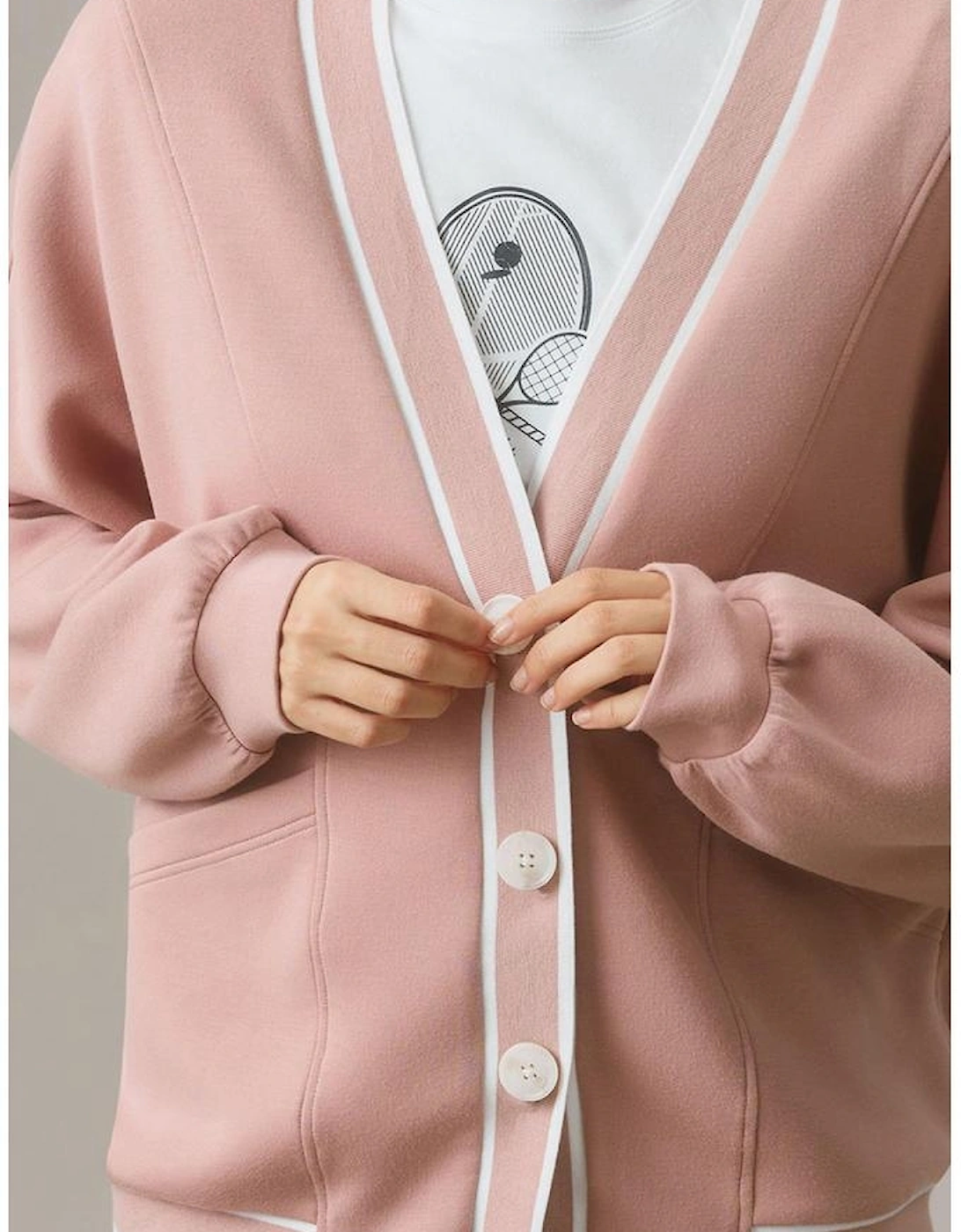 Pink Stripe Contrast Trim V Neck Buttoned Front Pocketed Knit Cardigan