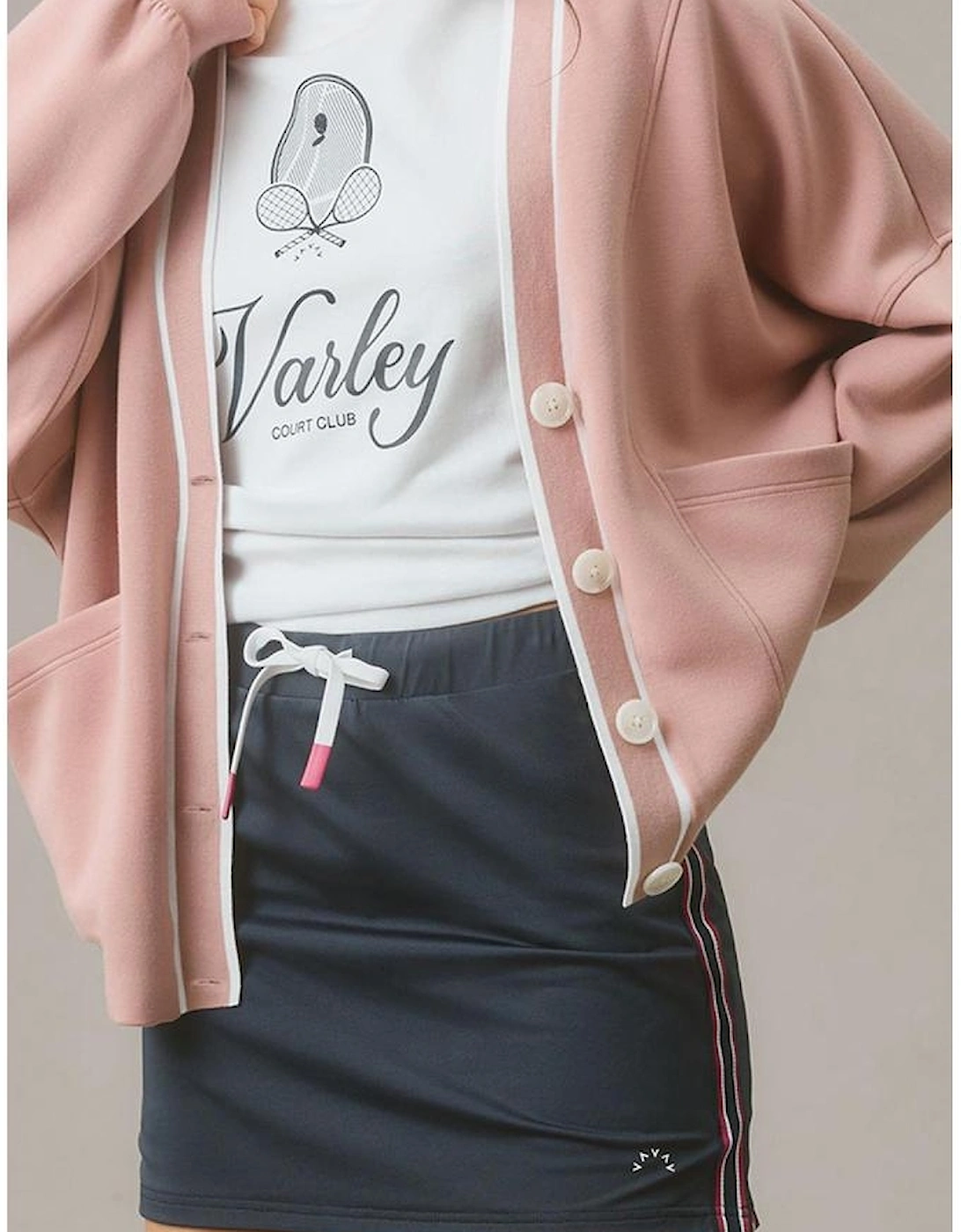 Pink Stripe Contrast Trim V Neck Buttoned Front Pocketed Knit Cardigan